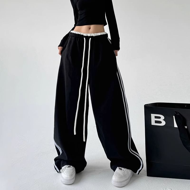 Low Waist Ruffled-Trim Striped Loose-Fit Wide-Leg Sweatpants SpreePicky