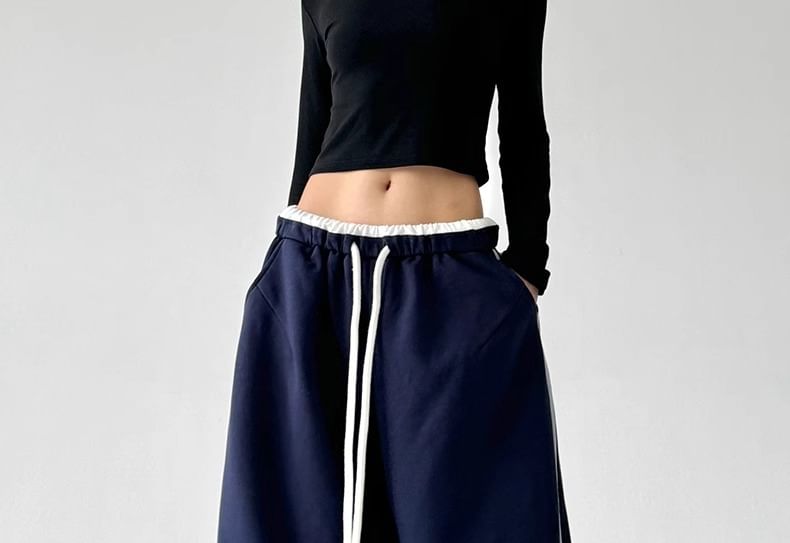 Low Waist Ruffled-Trim Striped Loose-Fit Wide-Leg Sweatpants SpreePicky