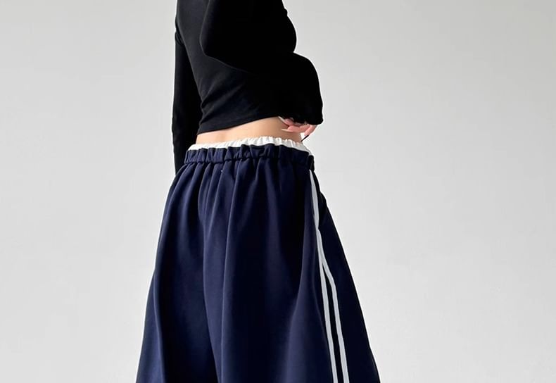 Low Waist Ruffled-Trim Striped Loose-Fit Wide-Leg Sweatpants SpreePicky