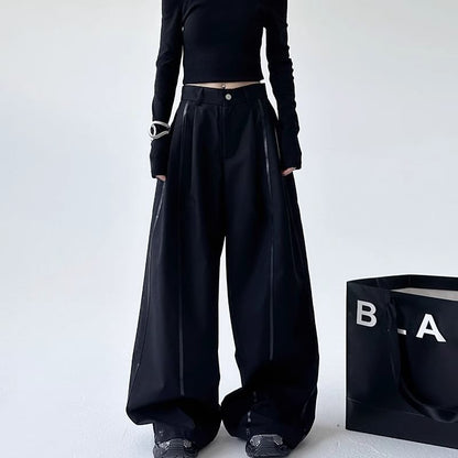 Low Rise Faux Leather Paneled Loose-Fit Wide-Leg Pants SpreePicky