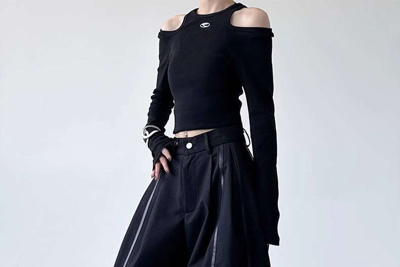 Low Rise Faux Leather Paneled Loose-Fit Wide-Leg Pants SpreePicky