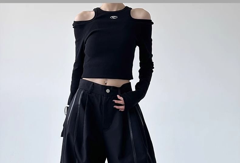 Low Rise Faux Leather Paneled Loose-Fit Wide-Leg Pants SpreePicky