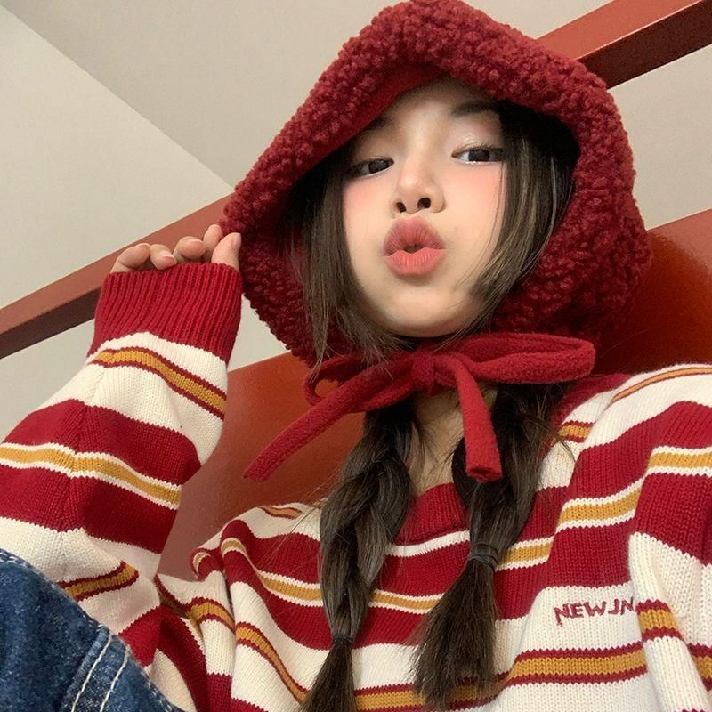 / Cable Tie-Up Fleece Plain Knit Beanie Hat FashionChic