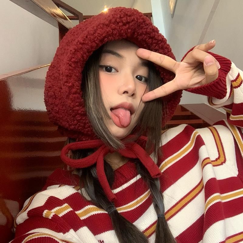 / Cable Tie-Up Fleece Plain Knit Beanie Hat FashionChic