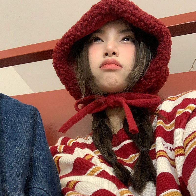 / Cable Tie-Up Fleece Plain Knit Beanie Hat FashionChic