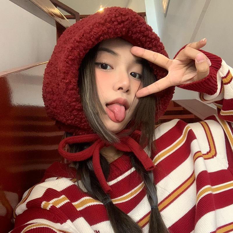 / Cable Tie-Up Fleece Plain Knit Beanie Hat FashionChic