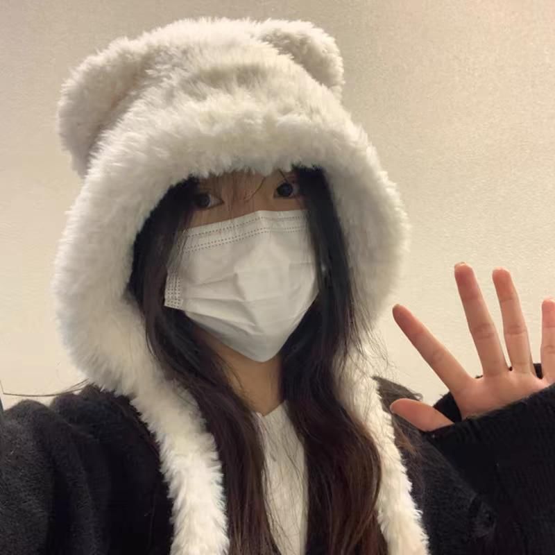 / Ear Ribbed Fluffy Hat Plain Bear Beanie FashionChic