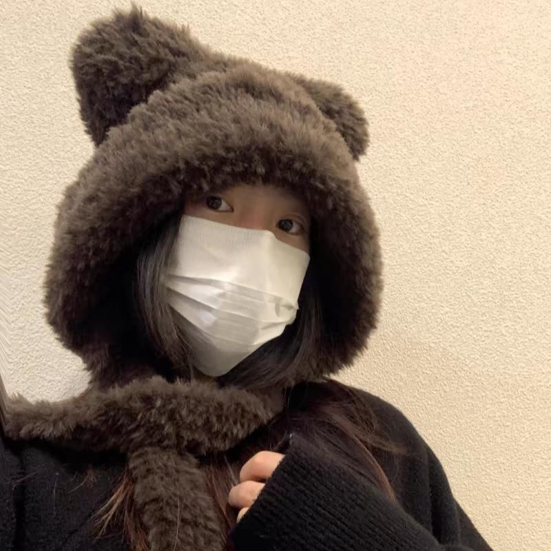 / Ear Ribbed Fluffy Hat Plain Bear Beanie FashionChic