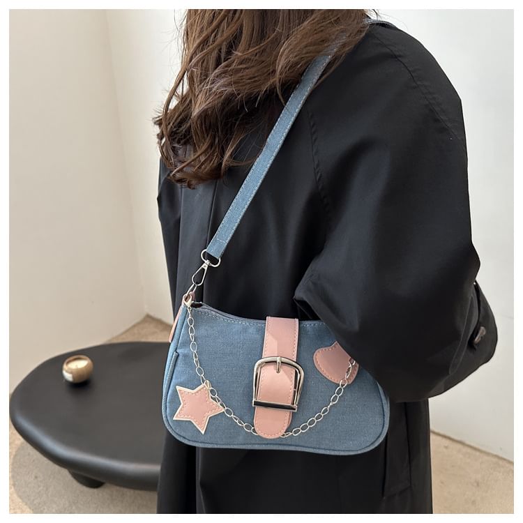 Applique Chained Buckled Denim Crossbody Bag SpreePicky