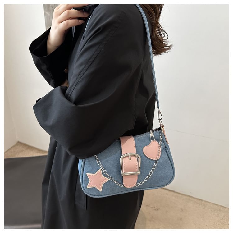 Applique Chained Buckled Denim Crossbody Bag SpreePicky