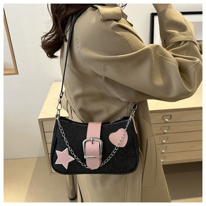 Applique Chained Buckled Denim Crossbody Bag SpreePicky