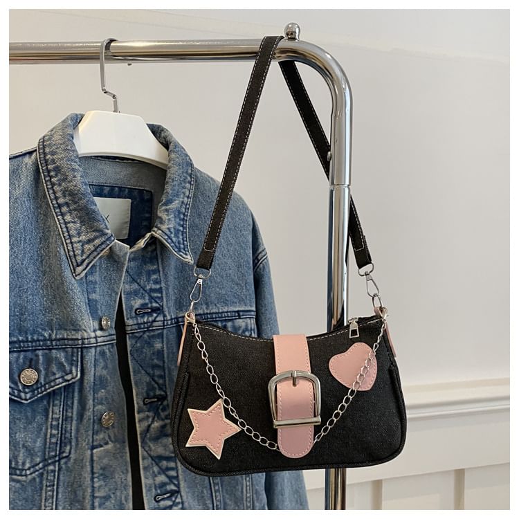 Applique Chained Buckled Denim Crossbody Bag SpreePicky