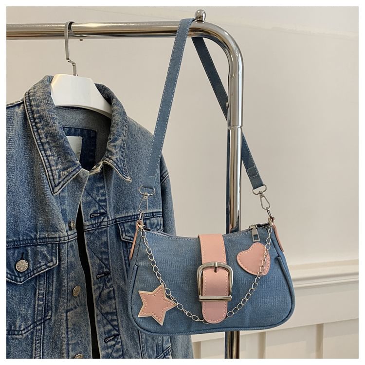 Applique Chained Buckled Denim Crossbody Bag SpreePicky