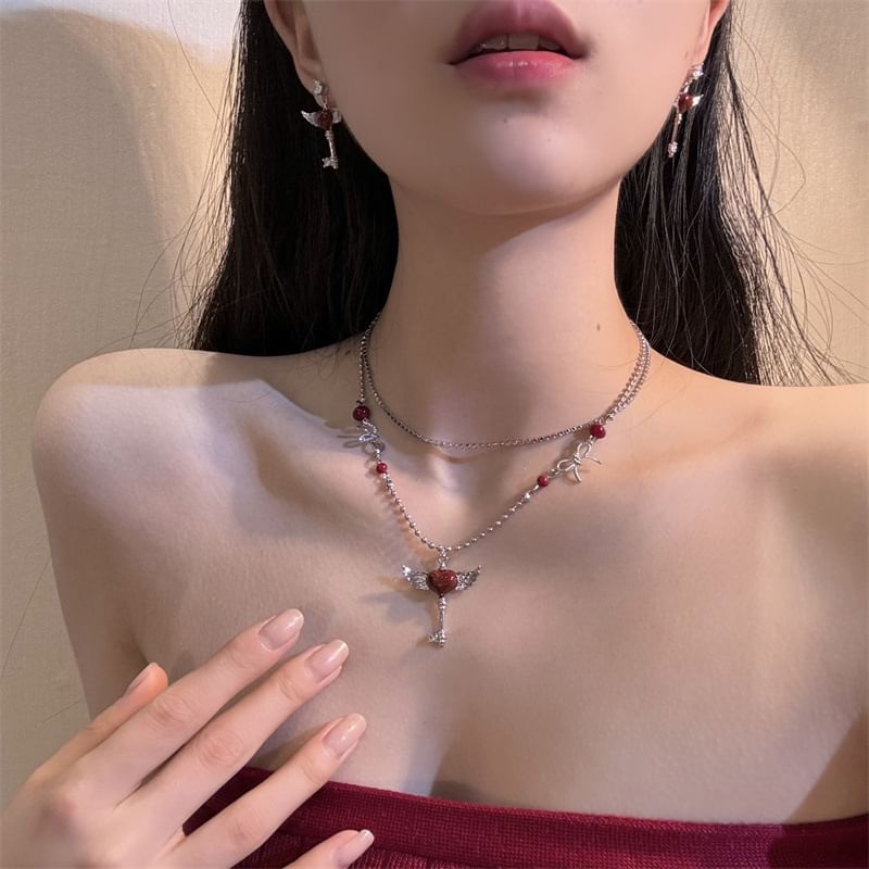 Key Earring Drop Layered / Necklace Wing Heart FashionChic