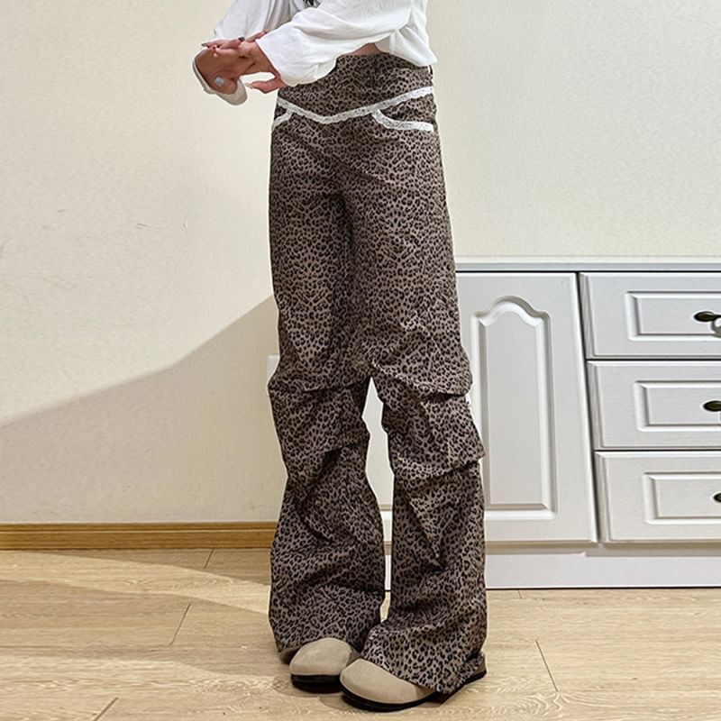 Rise Leopard Pants High Leg Wide FashionChic