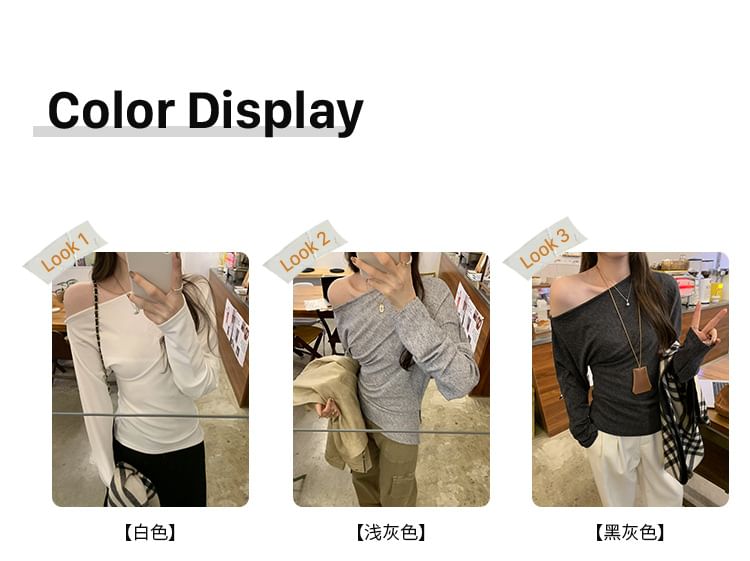 Long-Sleeve Off-Shoulder Plain Slit Slim Fit Tee SpreePicky