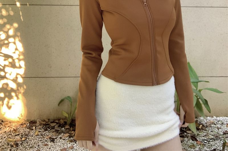 Stand Collar Plain Zip-Up Crop Jacket SpreePicky