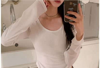 Long-Sleeve Scoop Neck Plain Slim Fit Crop Tee SpreePicky