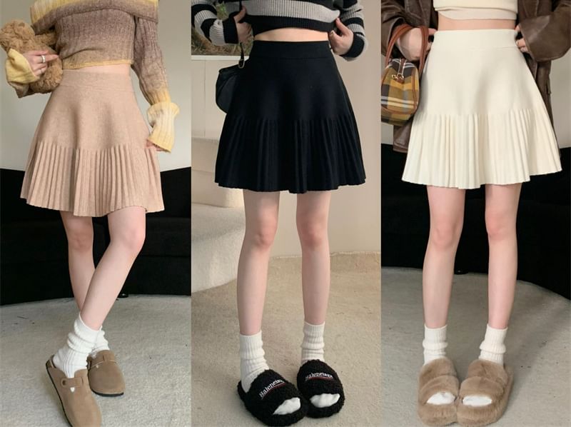 High Waist Plain Pleated Knit Mini A-Line Skirt SpreePicky