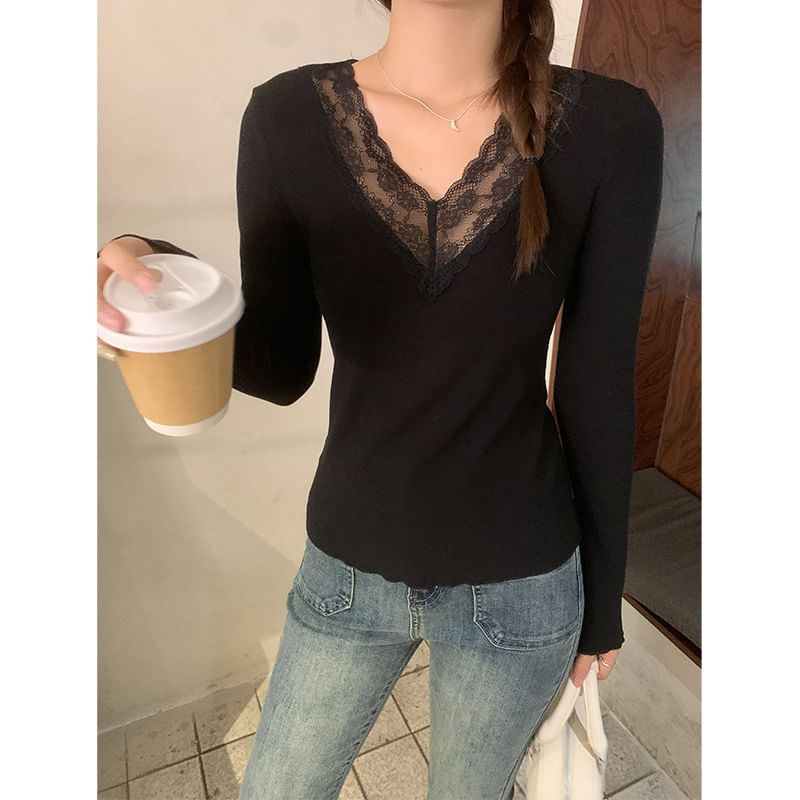 Long-Sleeve V-Neck Plain Lace Panel Slim Fit T-Shirt SpreePicky