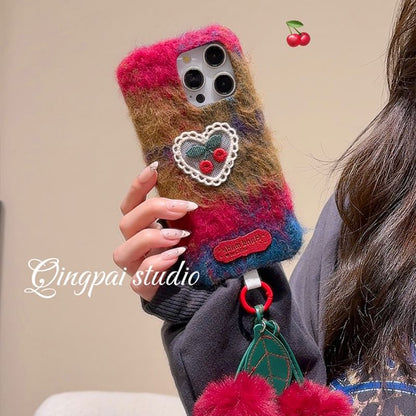 Heart Cherry Embroidered Chenille Phone Case / Charm / Set - iPhone 16 Pro Max / 16 Pro / 16 Plus / 16 / 15 Pro Max / 15 Pro / 15 Plus / 15 / 14 Pro Max / 14 Pro / 14 Plus / 14 / 13 Pro Max / 13 Pro / 13 / 13 Mini SpreePicky