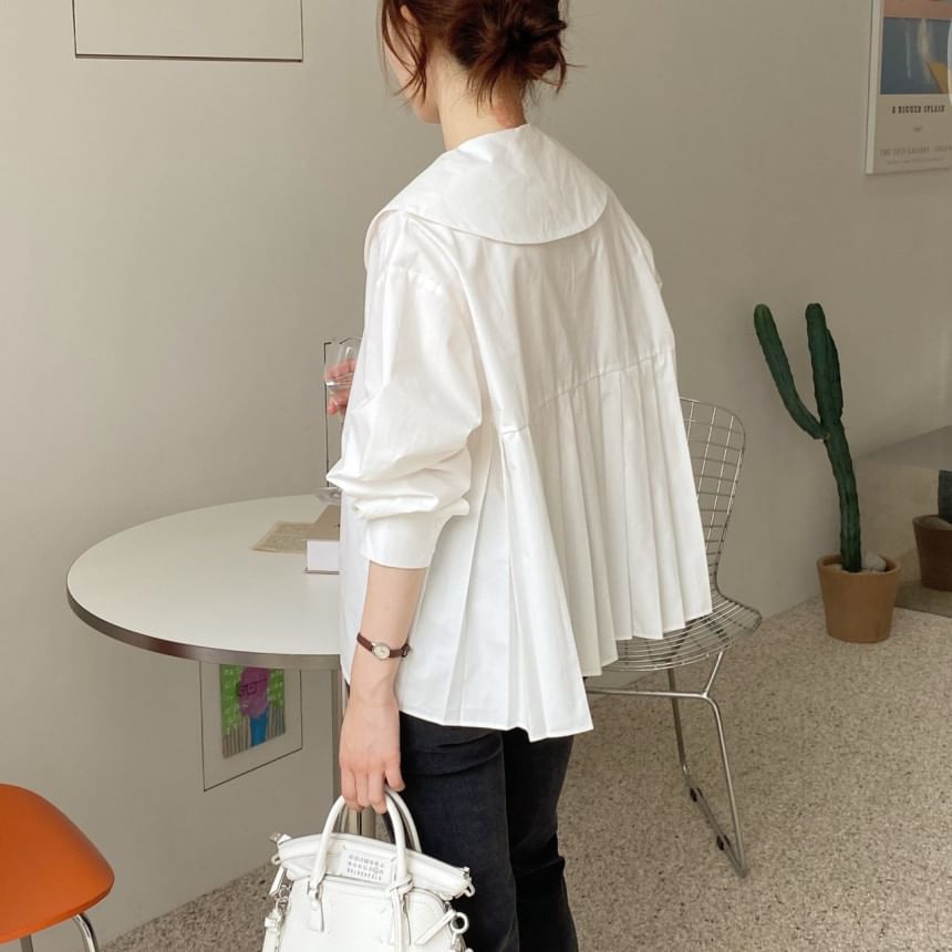 Long-Sleeve Button-Up Plain Babydoll Blouse SpreePicky