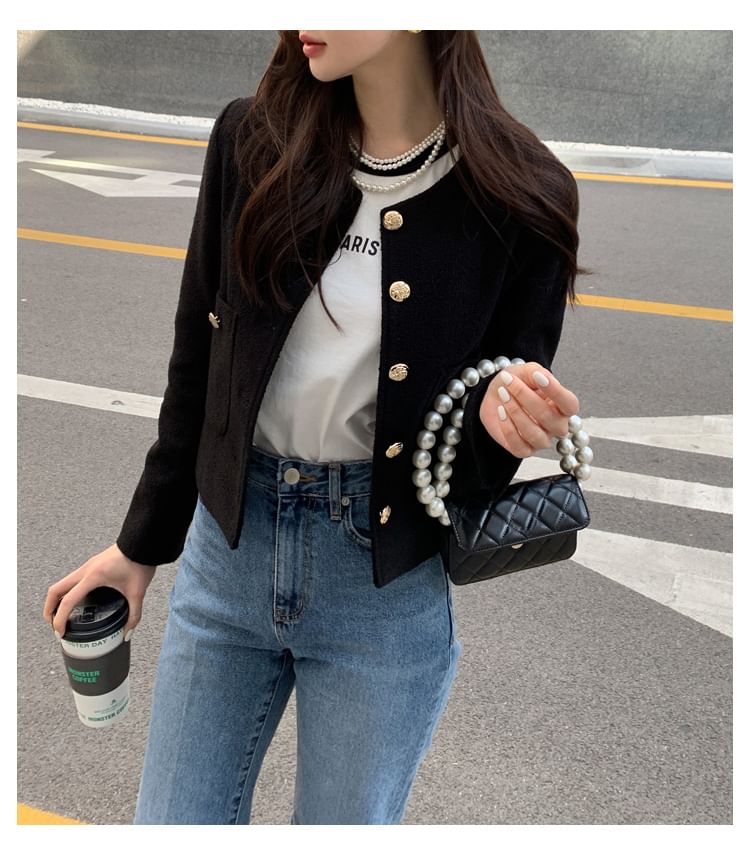 Button-Up Plain Crop Jacket SpreePicky