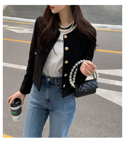 Button-Up Plain Crop Jacket SpreePicky