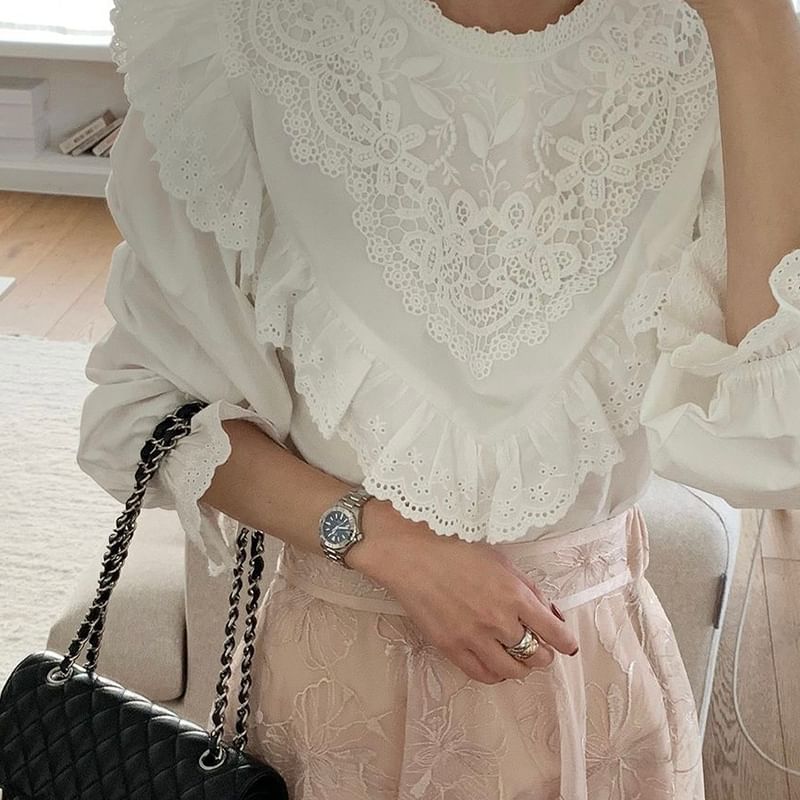 Long-Sleeve Lace Asymmetrical Plain Blouse SpreePicky