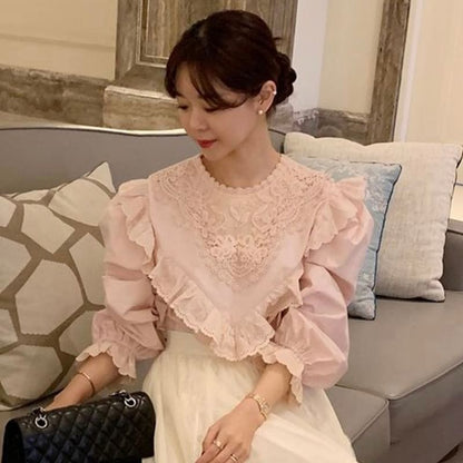 Long-Sleeve Lace Asymmetrical Plain Blouse SpreePicky