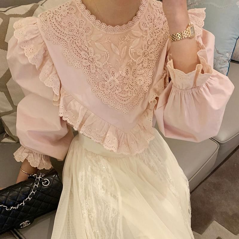 Long-Sleeve Lace Asymmetrical Plain Blouse SpreePicky