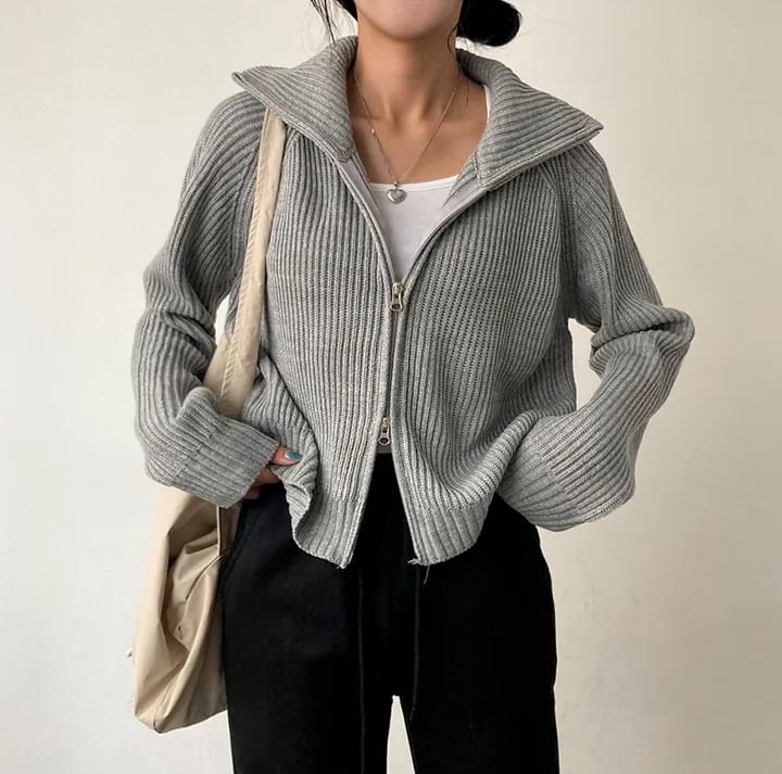 Collared Ribbed Zip-Up Plain Cardigan SpreePicky