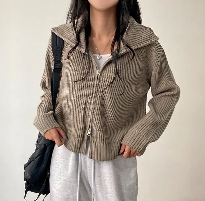 Collared Ribbed Zip-Up Plain Cardigan SpreePicky