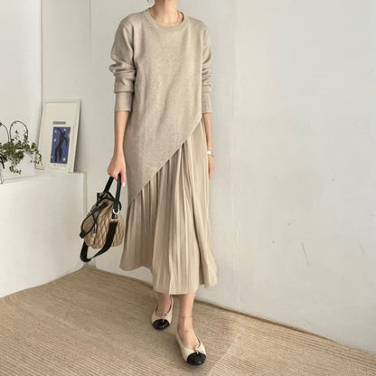 Set: Long-Sleeve Asymmetrical Plain Knit Top + Sleeveless Pleated Midi A-Line Dress SpreePicky