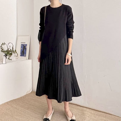 Set: Long-Sleeve Asymmetrical Plain Knit Top + Sleeveless Pleated Midi A-Line Dress SpreePicky