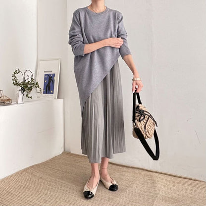 Set: Long-Sleeve Asymmetrical Plain Knit Top + Sleeveless Pleated Midi A-Line Dress SpreePicky