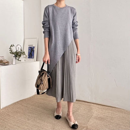 Set: Long-Sleeve Asymmetrical Plain Knit Top + Sleeveless Pleated Midi A-Line Dress SpreePicky