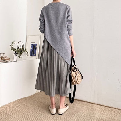 Set: Long-Sleeve Asymmetrical Plain Knit Top + Sleeveless Pleated Midi A-Line Dress SpreePicky