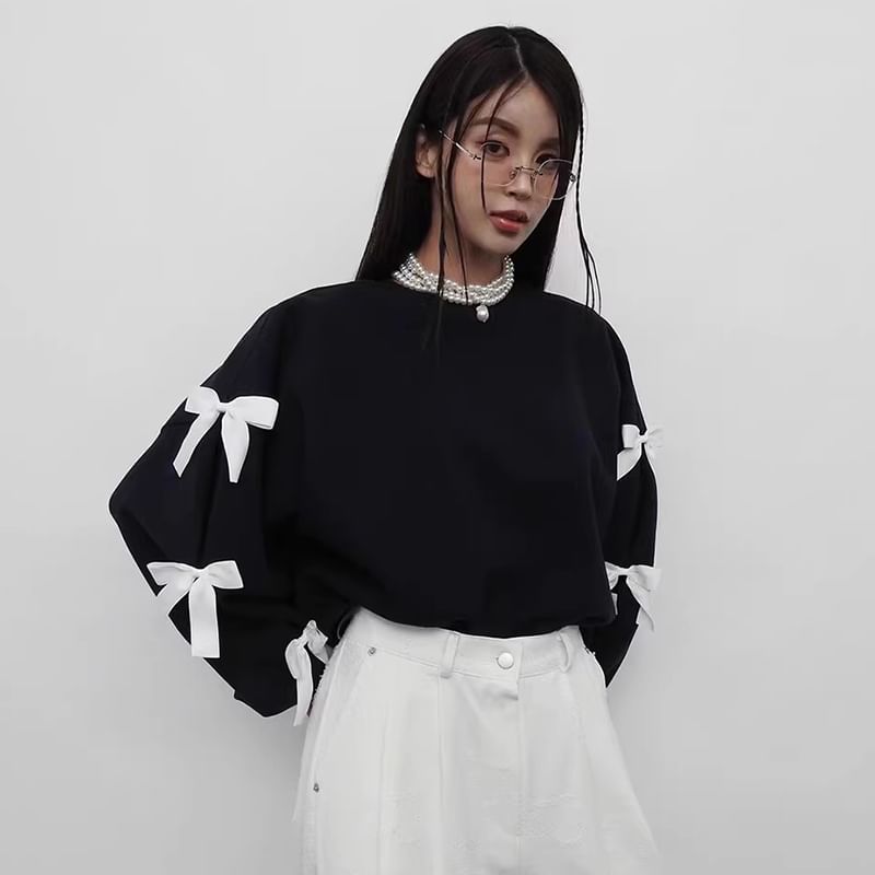 Crewneck Ribbon Accent Plain Sweatshirt SpreePicky