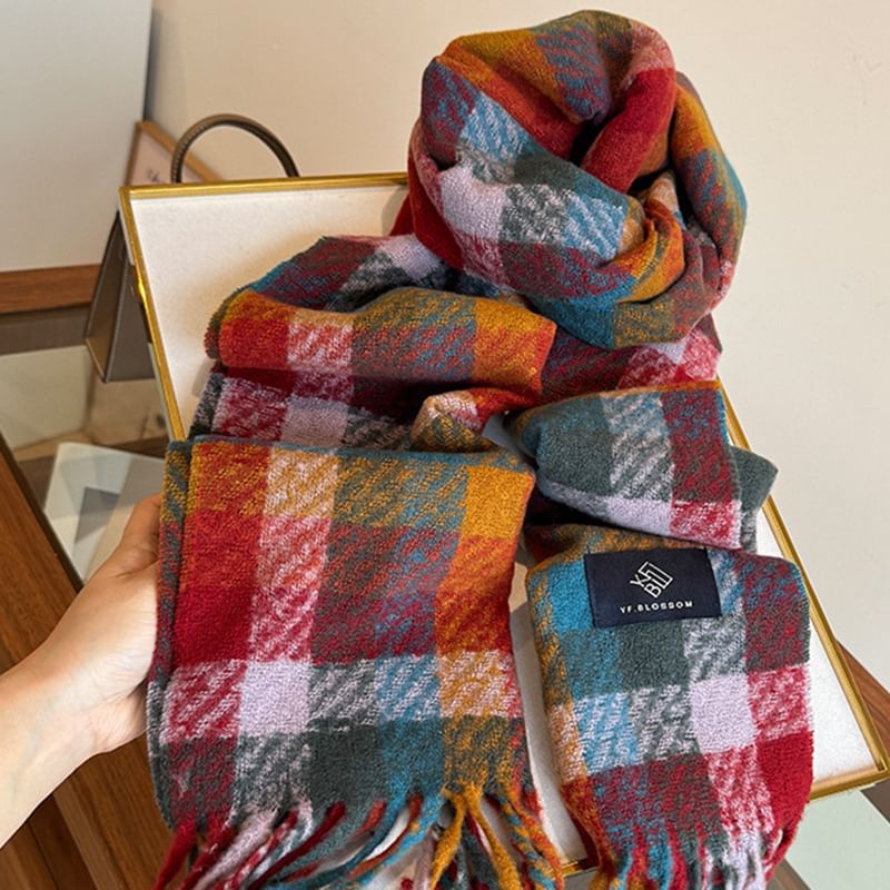 Plaid Fringed Trim Scarf SpreePicky