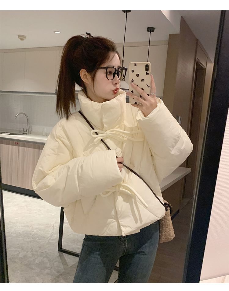 High Neck Plain Zip-Up Puffer Jacket SpreePicky