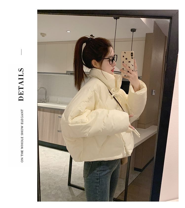 High Neck Plain Zip-Up Puffer Jacket SpreePicky