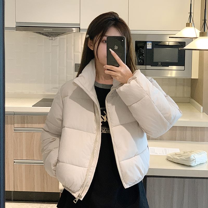 Hooded Plain Zip-Up Puffer Jacket SpreePicky