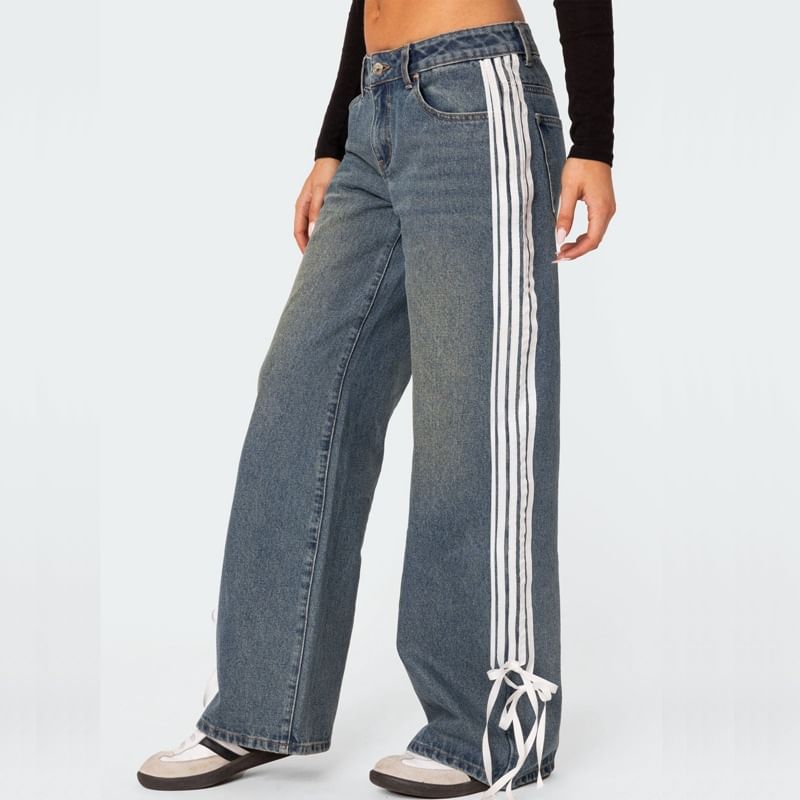 High Waist Washed Striped Bow Accent Straight-Fit Wide-Leg Jeans SpreePicky