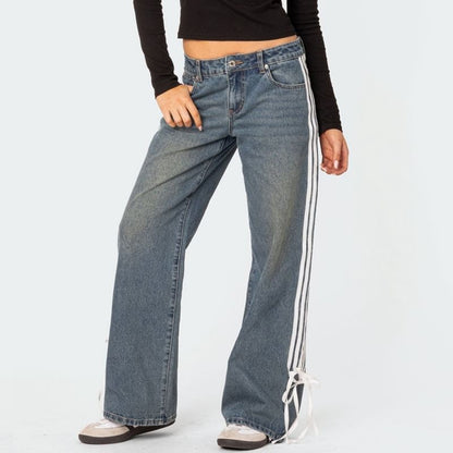 High Waist Washed Striped Bow Accent Straight-Fit Wide-Leg Jeans SpreePicky