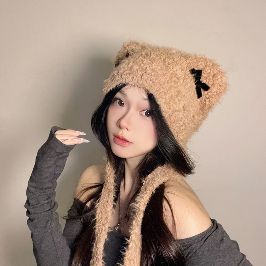 Bear Ear Ribbon Chenille Knit Hat SpreePicky