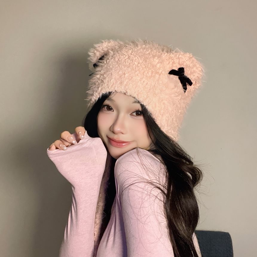 Bear Ear Ribbon Chenille Knit Hat SpreePicky