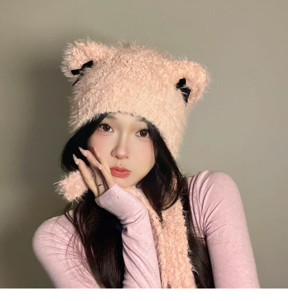 Bear Ear Ribbon Chenille Knit Hat SpreePicky