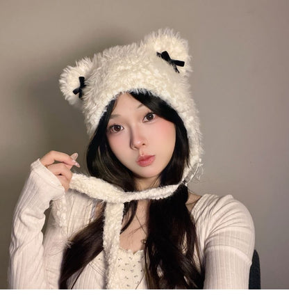 Bear Ear Ribbon Chenille Knit Hat SpreePicky