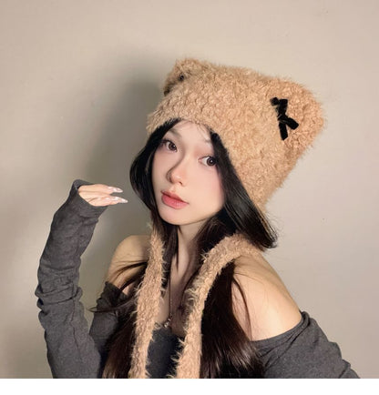 Bear Ear Ribbon Chenille Knit Hat SpreePicky